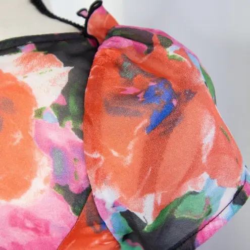 Vintage Flower decor asymmetric neck, Floral print pleated dress Red Size XXS