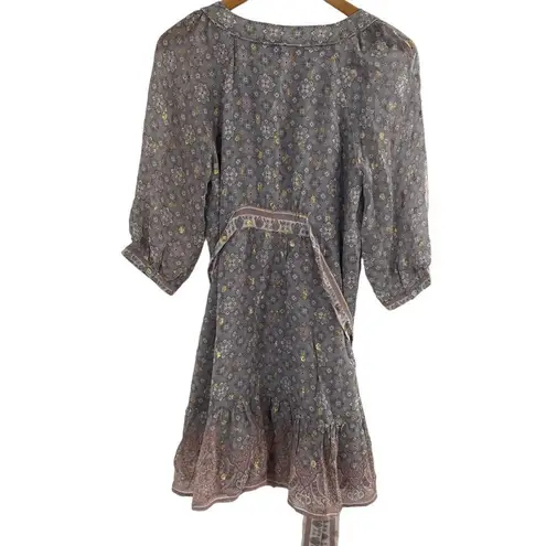 Warehouse Boho Peasant Mini Dress Size 6 Pink Gray Paisley Silk Puff Sleeves
