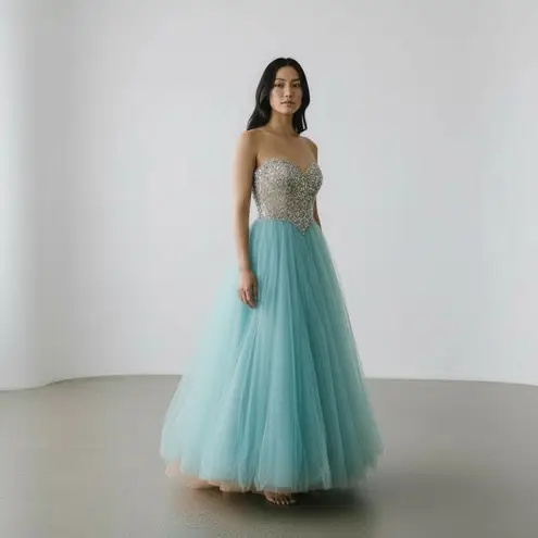 Terani Couture Glamour Sequin Tulle Ballgown - Aqua Blue Princess Prom Dress 4