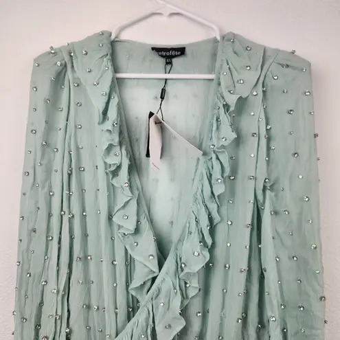 Retrofête Retrofete Lennon Embellished Silk Chiffon Dress in Green Size XS NWT Long Sleeve