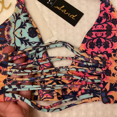 Gypsy 05 NEW! SAND Bikini Size Small Crochet Halter Top Mosaic Pink Aqua Orange