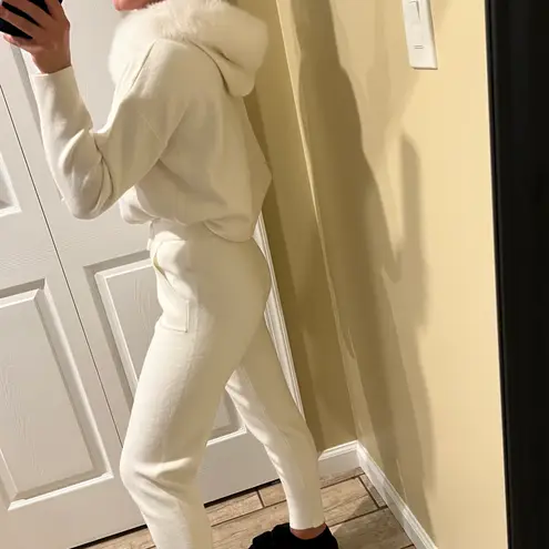Real Fox Fur Collar Knit Set Winter Tracksuit Kit Hoodie Knit High Waist Pants White