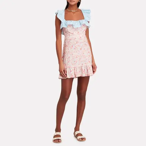NWT RIXO Kai Abstract Print Ruffle Pastel Pink Blue Square Neck Mini Dress US 6