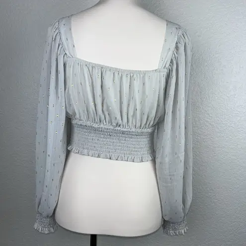 By The River Womens Gray Sheer Squared Neck Gold Speckle Crop Smocking Top small