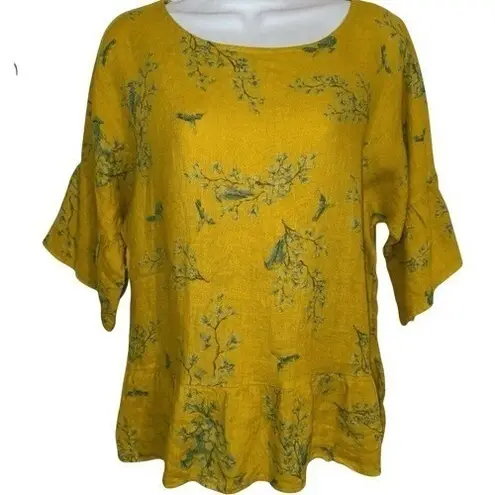 VALENTINA NALDI ITALY Linen Belled Sleeve Flounce Ruffled Hem Top EUC Size Small Yellow