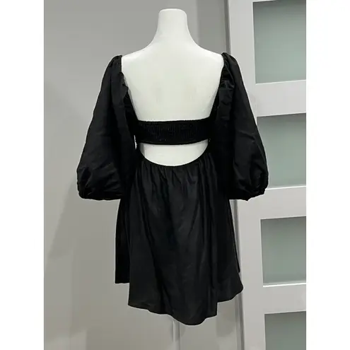 Charlie Holiday Black Puff Sleeve Tie Front Mini Dress XS Smocked Back Cutout