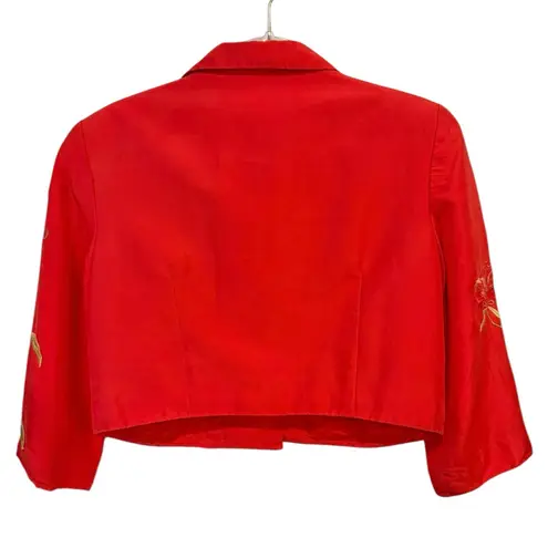 Maggy London Red Floral 100% Silk Embroidered Lightweight Cropped Jacket Size 10