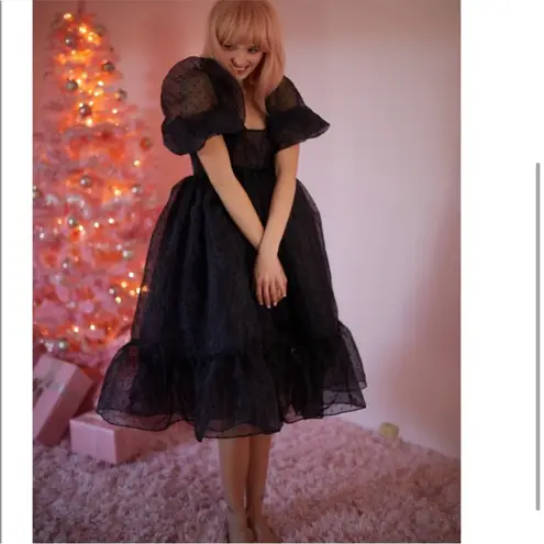Selkie Caviar French Puff Dress Midi Black Polka Dot Organza XL NWT