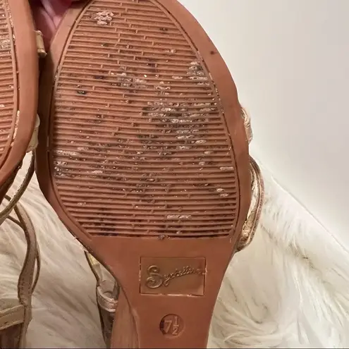 Seychelles Wedges Beige Strappy Gold Back Wooden Heel