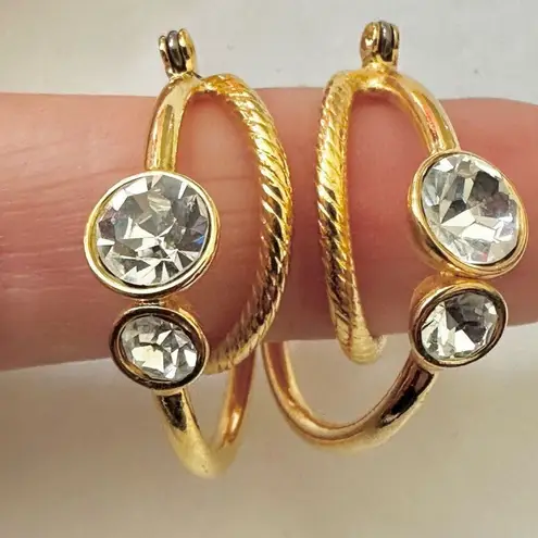Gold tone and rhinestone double hoop earrings