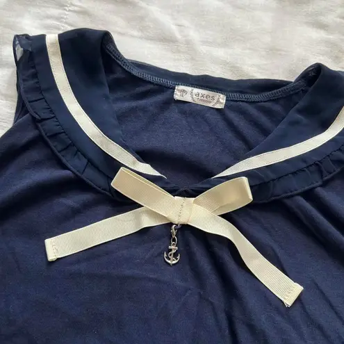Axes Femme Navy blue white piping detail sailor collar tie neck blouse Size M