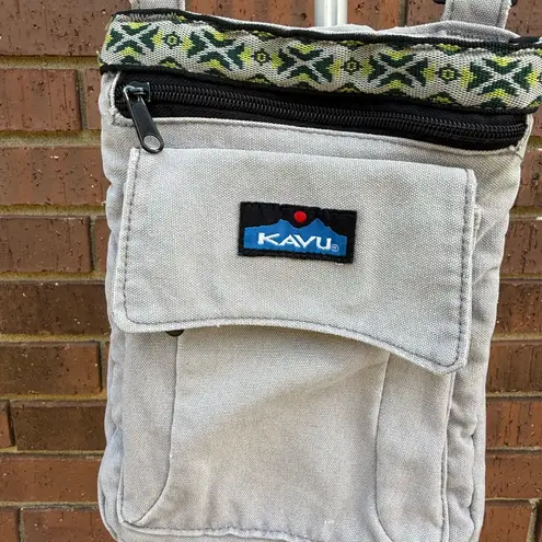 KAVU Keeper Crossbody Bag Purse Canvas Gray Southwestern Aztec Yellow Lined EUC