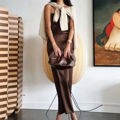 Reformation  | Frankie 100% Silk Maxi Slip Es Dress in Brown‎ Plus Size 16 thumbnail 6