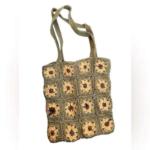 Handmade Knitted Sunflower Tote Bag Green Yellow And Brown 12”