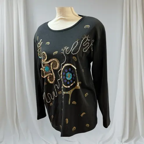 Womens Vintage Sweater Black Blue Sequins Beaded geometric Size M