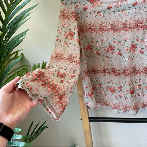 Lovely Day Floral Slightly Sheer Boho Long Sleeve Lace Up Back Top Blouse