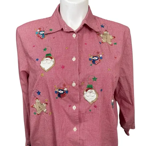 Karen Scott II Red Gingham Christmas Embroidered Button Down Shirt Size 1X - Image 2