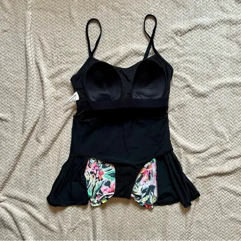 fit 4 u Tropical Floral Spaghetti Strap Swim Dress, One Piece Swim Suit Black Size 18W