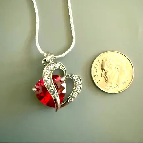 Sterling Silver 925 Red and Clear CZ Heart Pendant with SS Plate Chain