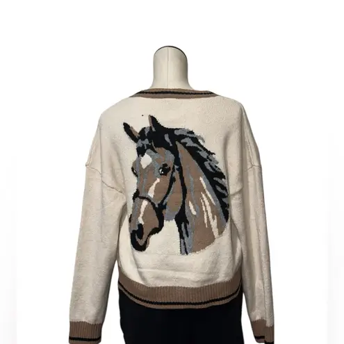 NWT Cream Horseback Knit Varsity Cardigan Sweater Jacket Horse Motif Large Brown