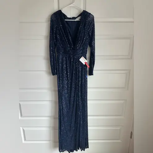 Mac Duggal 26490 Midnight Sequin Long Sleeve Faux Wrap Formal Gown NWT