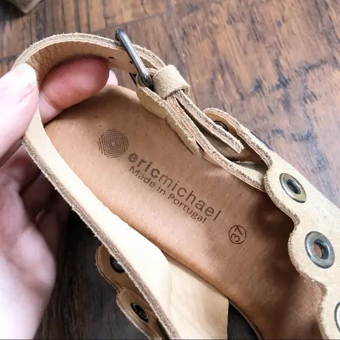 Eric Michael • Emma mid-heel comfort sandal sand suede grommet scallop block