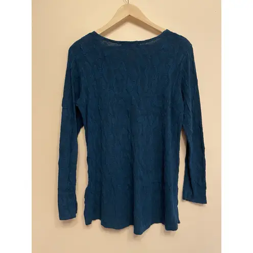 Vintage Cut Loose Long Sleeve Top Women Medium Blue Textured Stretch Boho Retro