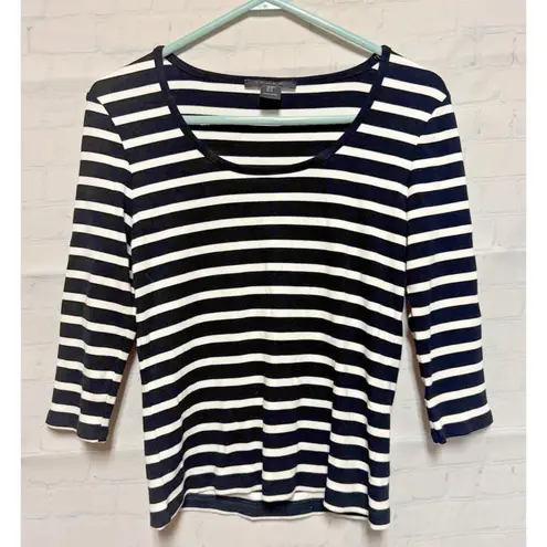 Tahari Women's Black white stripe 3/4 Sleeve Sweater Blouse Pullover Knit medium