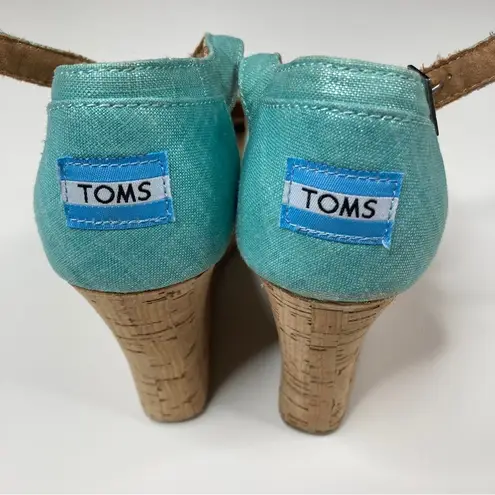 Toms  | Shimmery Aqua Cross Strappy Platform Cork Heels 9.5