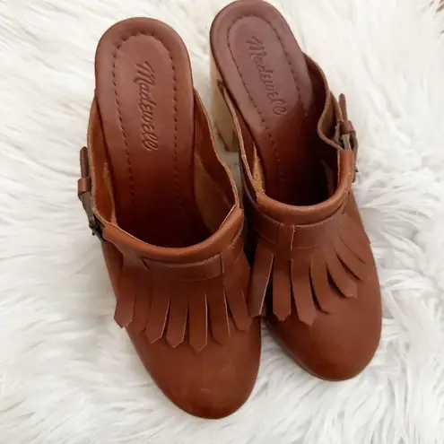 Madewell  | Classic Kiltie Fringe Clogs Chesnut Brown Leather Wood Heels | Size 9