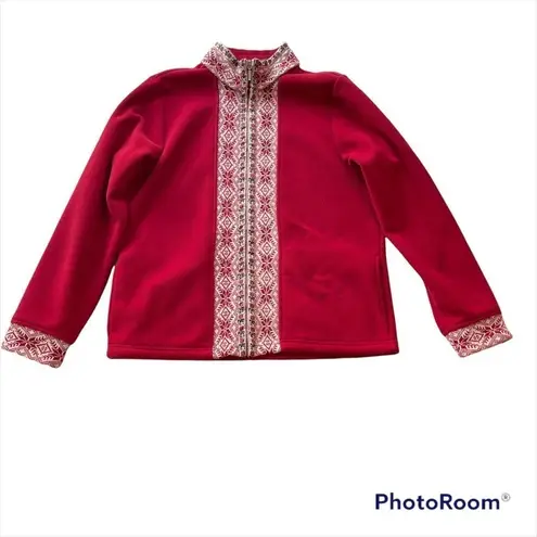 L.L. Bean Fleece Jacket Ruby Red Size Medium Cardigan Nordic Christmas Floral