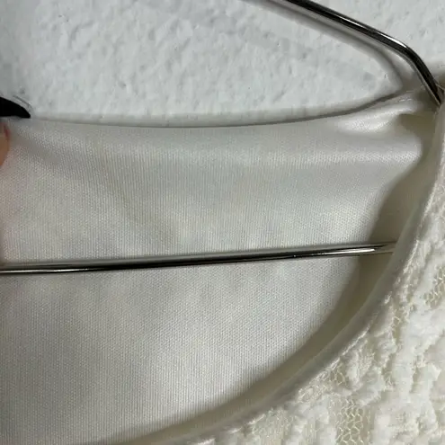 Love j Romantic White Lace Overlay Blouse Satin Ruched Hem Size Med Dressy