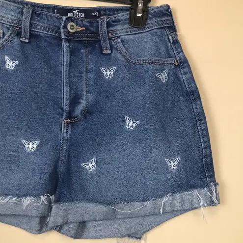 Hollister  Women’s Butterfly Embroidered Medium Wash Rolled Hem Denim Jean Shorts