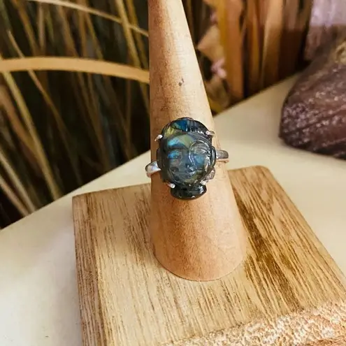 Buddha Labradorite Face Carved Solid Sterling Silver Ring Size 8
