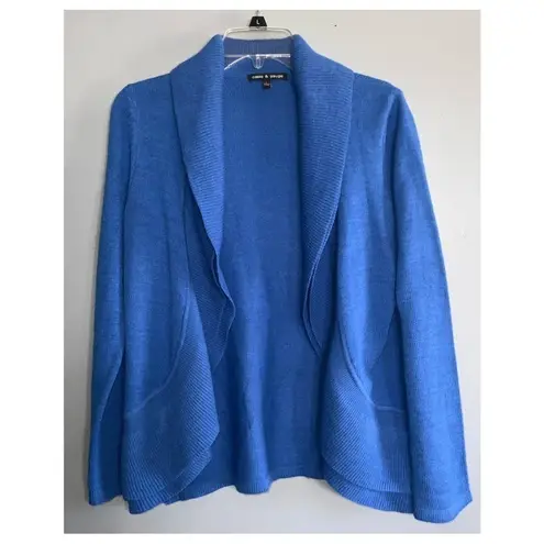 Cable & Guage 2Pc Set~Lg Blue Sweater Cardigan & XL Blue & Yellow Floral Blouse