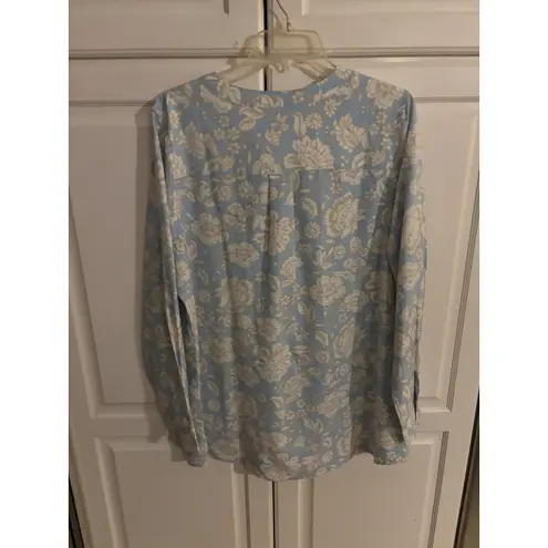 Denim Company Floral Print Button Up Shirt Women's Blue White Casual Top Size L