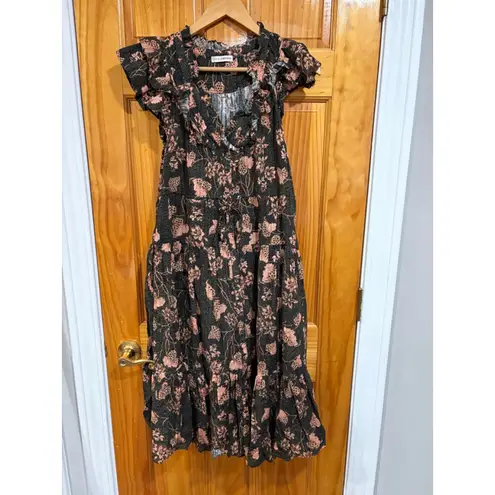 Ulla Johnson Floral Ruffle Midi Dress 00 Black Pink Boho Drawstring Waist Cotton