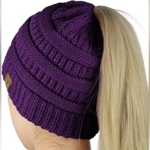 C.C BeanieTail Soft Stretch Cable Knit Messy High Bun Ponytail Beanie in Purple
