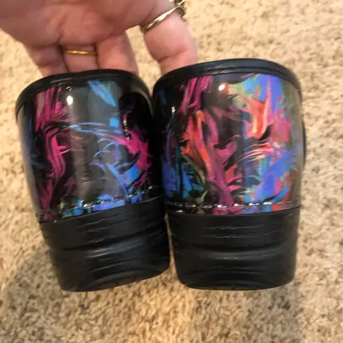 Dansko Black and Pink Mules with Chunky Sole paint splatter design sz 38