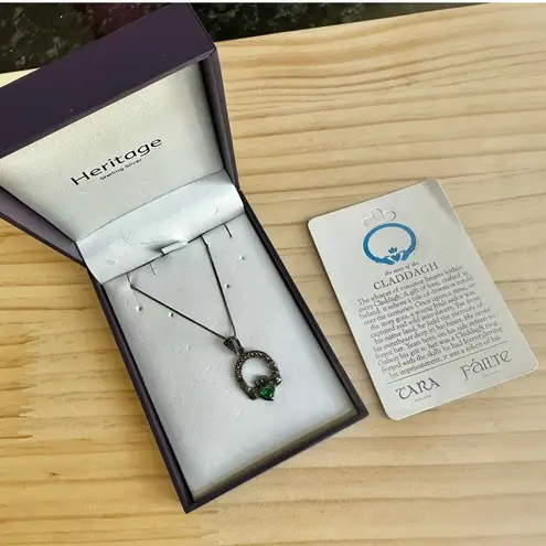 Solvar Heritage Sterling Silver Marcasite & Green Crystal Claddagh Necklace