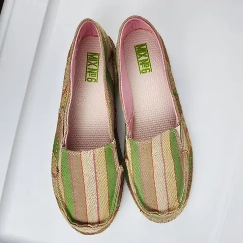 mix no. 6  Size 10 Lightweight Slip-on Comfort Shoes Green Beige Striped Canvas