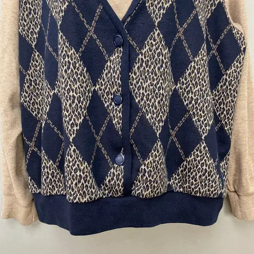 Vintage Argyle Sweater Vest Faux Set Leopard Print Tan Navy Women Size Medium
