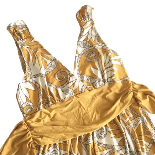 Come Como ❁ Printed Plunging V Neck Tunic Cami Tank ❁ Goldenrod + Ivory ❁ Large