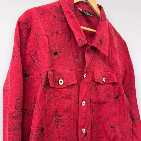 Silk Land 2X Red Top Plus Whimsygoth Floral Grandma Funky Embroidered Vamp Retro