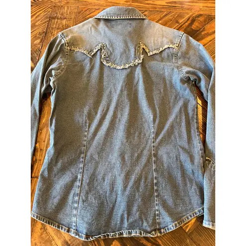 Wrangler  Retro Denim Fringe Western Cowgirl Pearl Snap Shirt Women Small Aztec