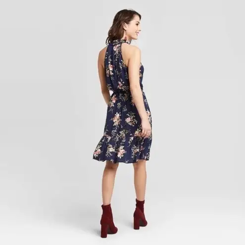 Xhilaration NWOT Navy Blue Floral Tie Neck Sleeveless Dress