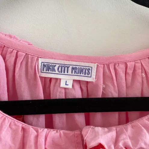 Pink City Prints Pink Beatrice Cotton Strawberry Embroidered Blouse Large