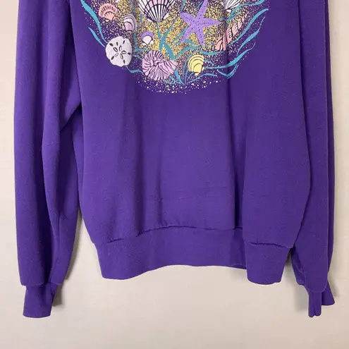Vintage 90s Sweatshirt Seashells Glitter Gold Ocean Women Size Large Purple Top