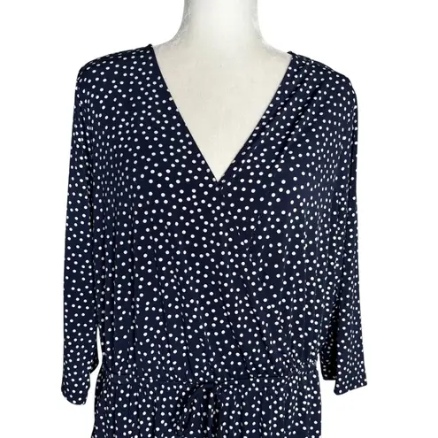 Kalileigh Navy Blue Polka Dot Romper 1X V Neck 3/4 Sleeve Elastic Waist Pockets White