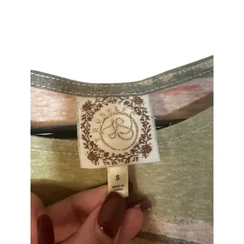 Truself PInk Green White Striped Short Sleeve Front Knot Blouse Women Sz S